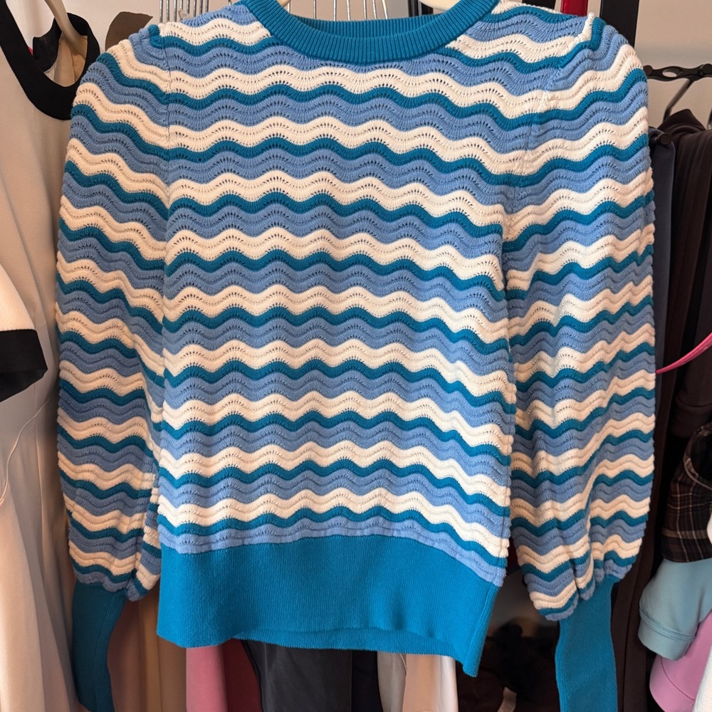 French Connection Blue and White Wave Knit Crewneck Sweater